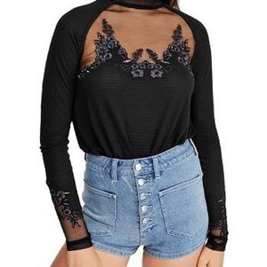 Free People Black Saheli Embroidered Long Sleeve Top